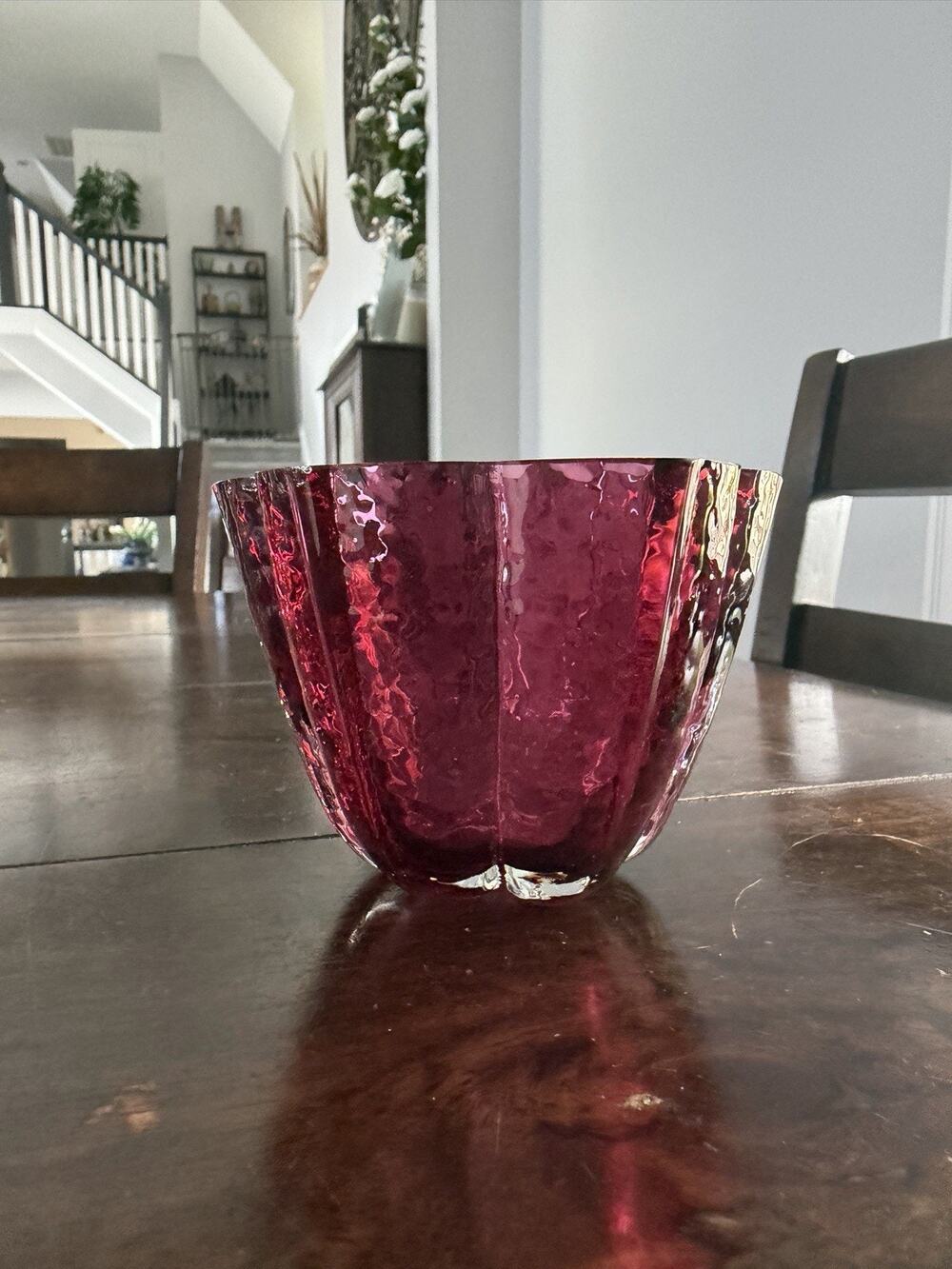 Vintage Pilgrim Cranberry Glass Scalloped Flower Petal Votive Bowl 1970s USA